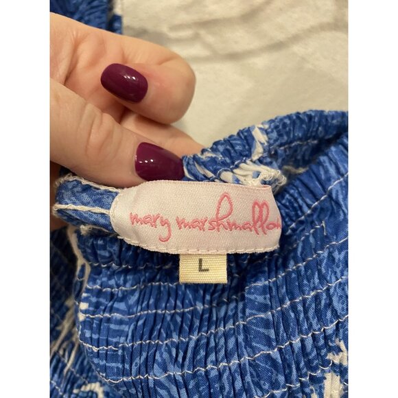 Mary Marshmallow Dress Womens Large Blue White Smocked Puff Sleeve Ruffle Mini - Picture 3 of 4